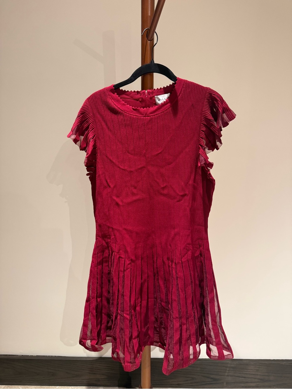 Milly Raspberry Red Ruffle-Sleeve Pleated Hem Dress
